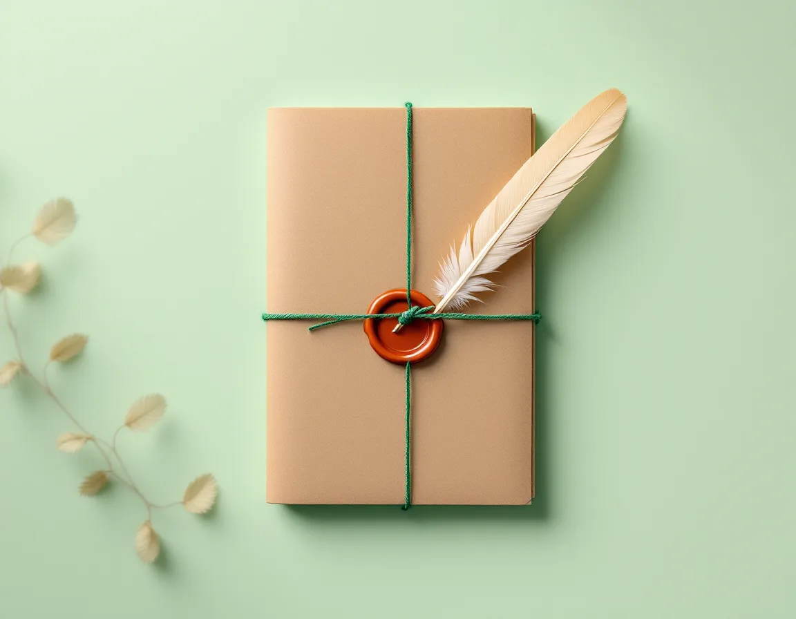 A kraft document folder tied with green string and sealed in rust, a quill resting on top