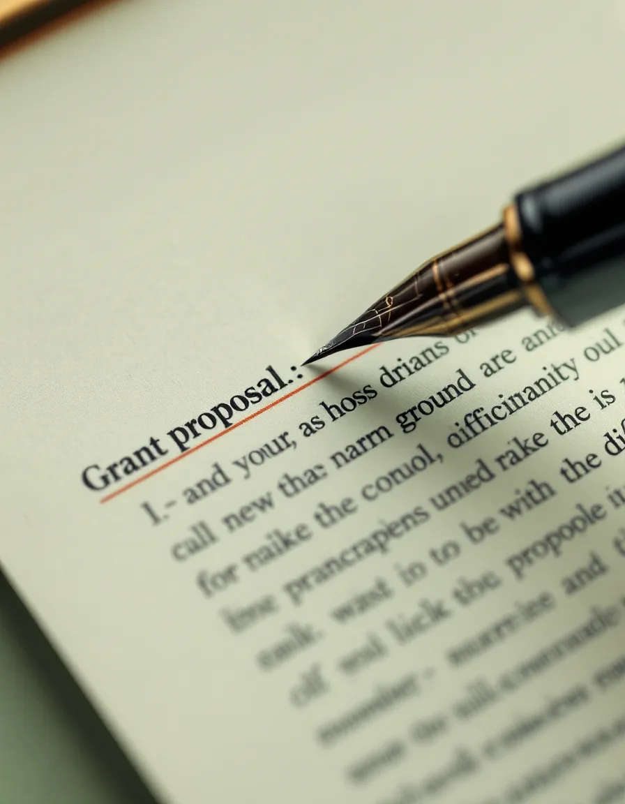 A printed budget proof page with several lines struck through in rust-red pencil, the pencil resting across it